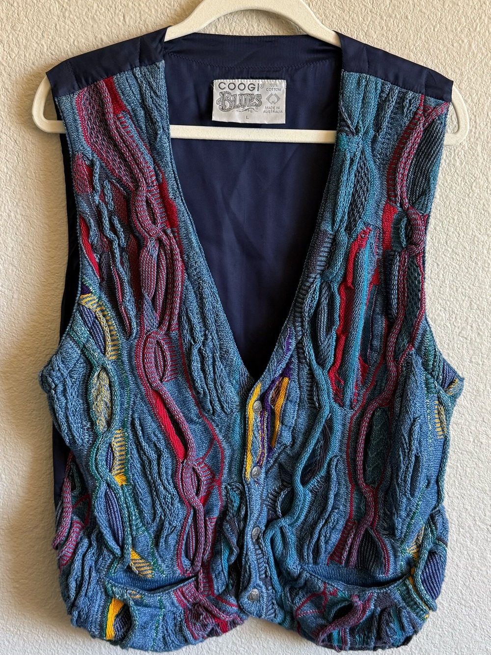 COOGI Vintage Multicolor Textured Knit Vest Blue Cotton Large 80's Funky